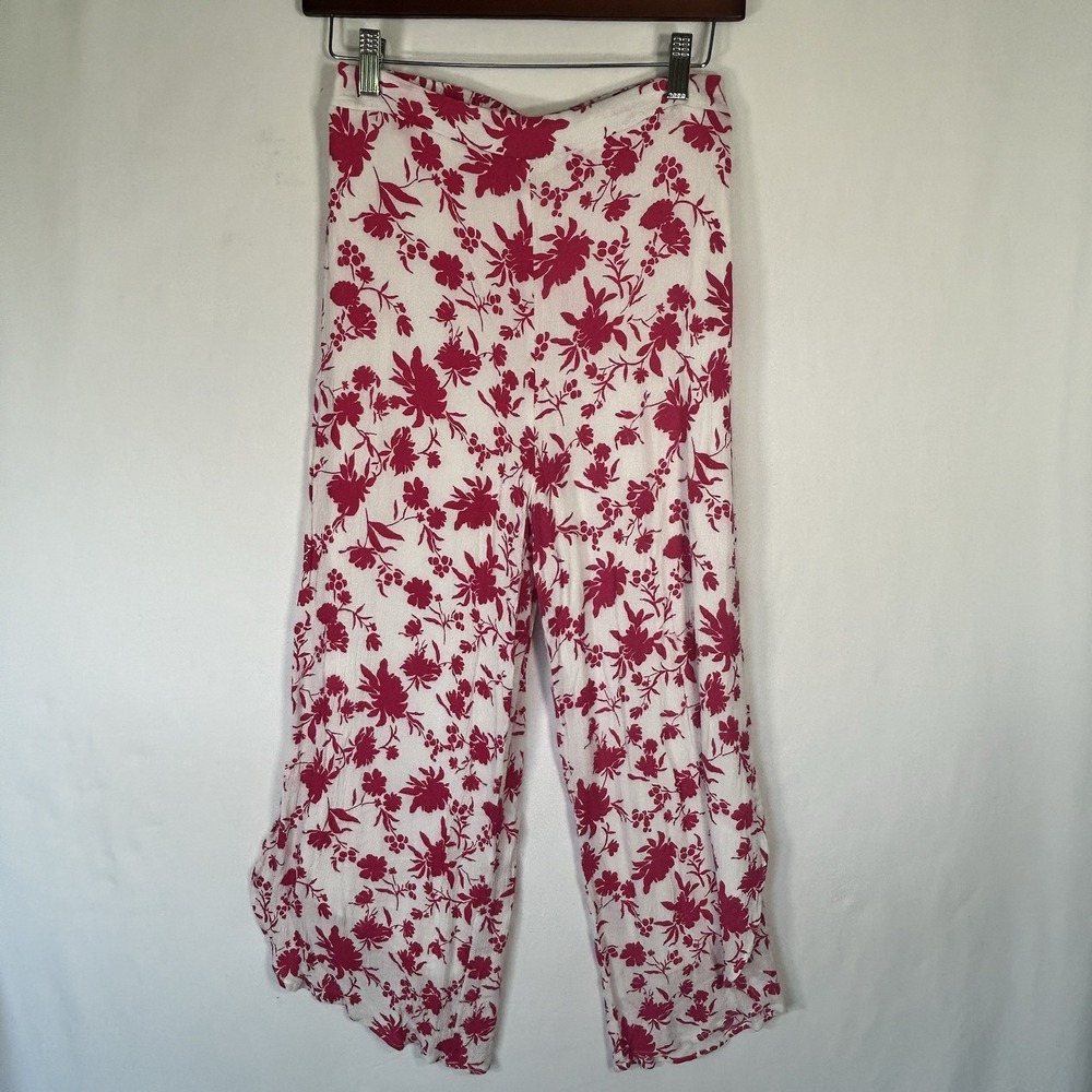 Lulu's Pink White Floral Lined Wide Leg Pants Asymmetrical Tulip Hem Small